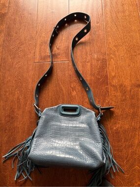 Women's Croc-Embossed Fringe Crossbody Bag in Teal, maje brand